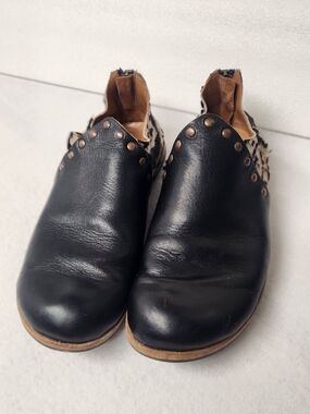 CYDWOQ Handmade Black Leather Studded Mules Cow Hair Calf Print EU 37.5 US 7.5